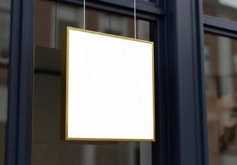 Blank Square Signboard Hanging on Modern Glass Building &ndash; Branding Mockup for Urban Business, Retail Storefront, or Caf&eacute; Advertisement