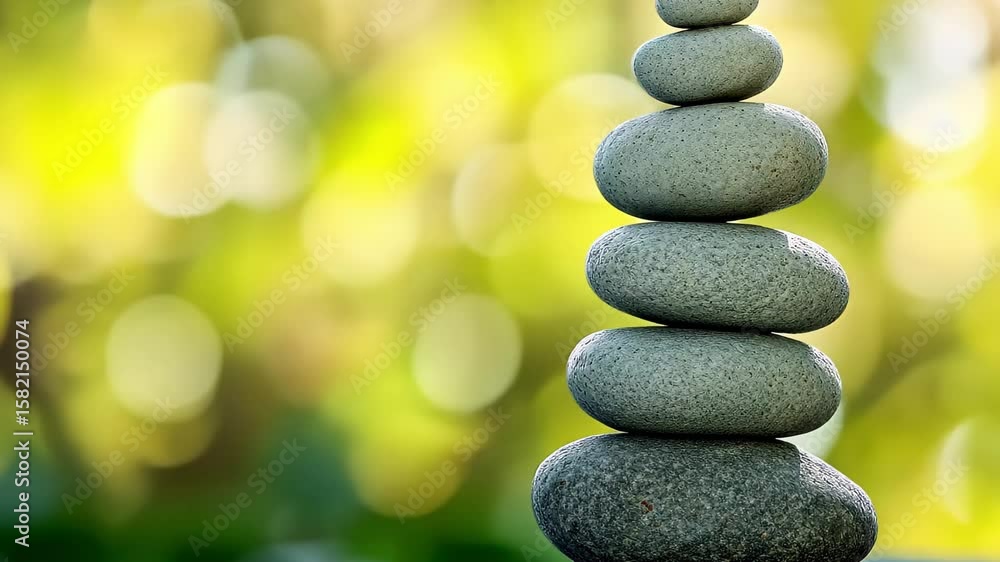 Poster balanced stone stack creating a tranquil focal point in a natural setting with a soft blurred backgr