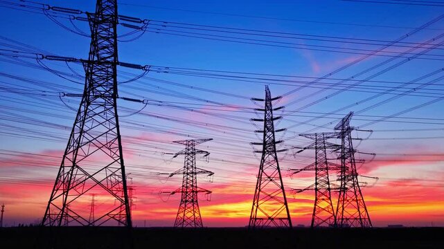 High voltage power tower and power lines with beautiful sky clouds at dusk