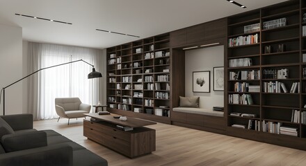 Modern Interior with Bookshelves and Reading Nook