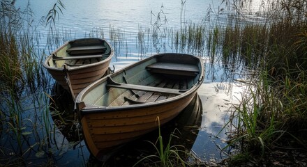 Obraz premium Serene rowboats on tranquil lake nature scene reflection calm environment peaceful viewpoint