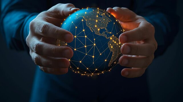 Glowing Digital Globe in Hands Symbolizing Global Connectivity, Technology, and Innovation with Illuminated Network Connections and Interconnected Modern World Data Exchange