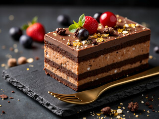 Delicious chocolate cake slice with berries on slate plate. National Chocolate Muffin Day 