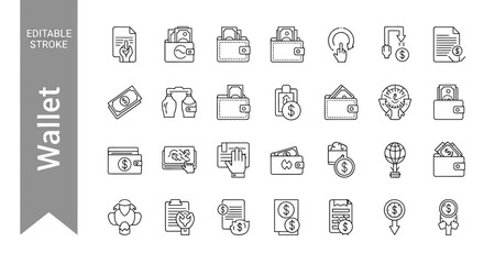 A sleek, minimalist line icon of a wallet, symbolizing digital payments, mobile finance, and currency management.