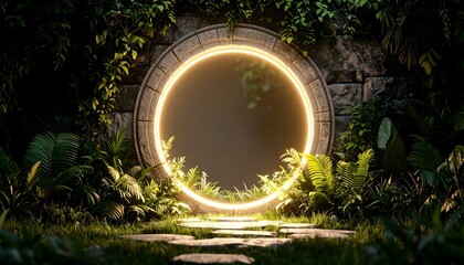 Mystical glowing portal in a lush garden