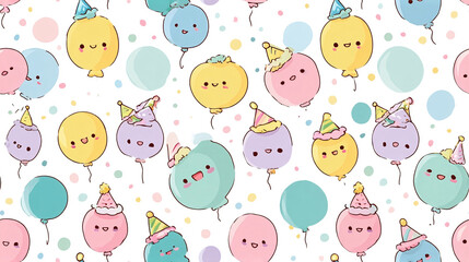 Obraz premium Cute Pastel Balloons Seamless Pattern with Party Hats, Kawaii Style Celebration Background