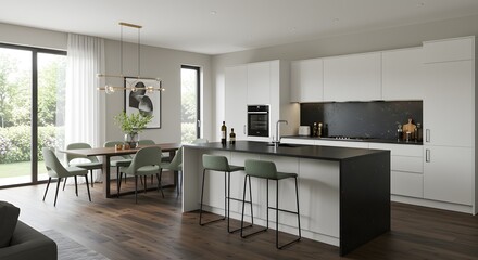 Fototapeta premium Modern Kitchen Interior Design with Island and Dining Area