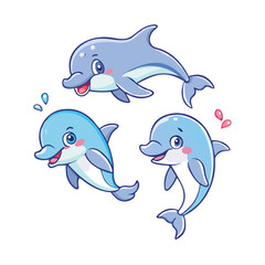 Obraz premium Cute cartoon funny dolphin set 