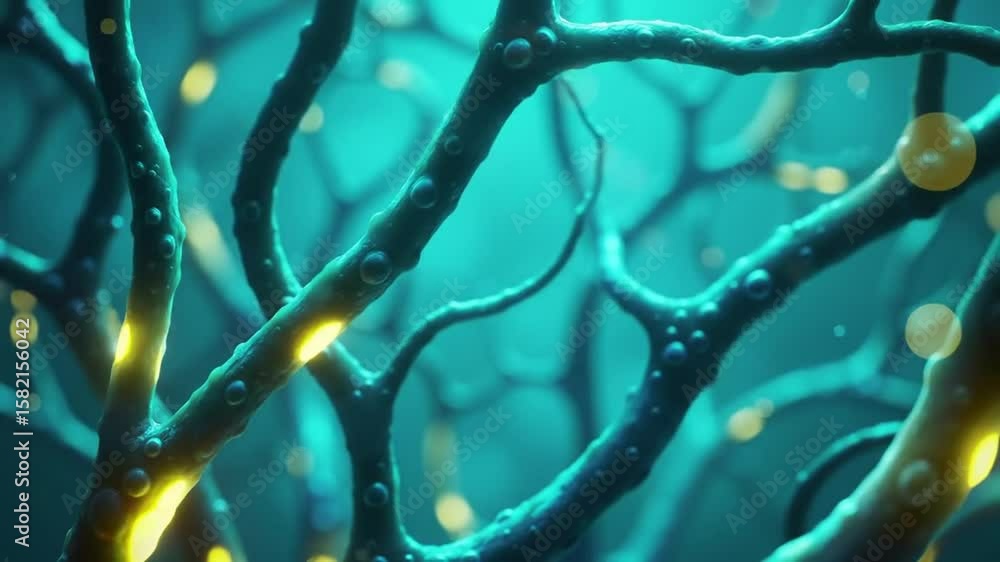 Aufkleber abstract blue branching structure with glowing yellow accents and bokeh effects on teal gradient bac