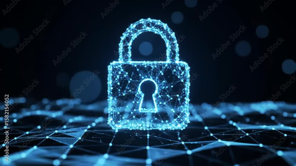 Poster abstract blue digital padlock security concept on a grid network with bokeh background