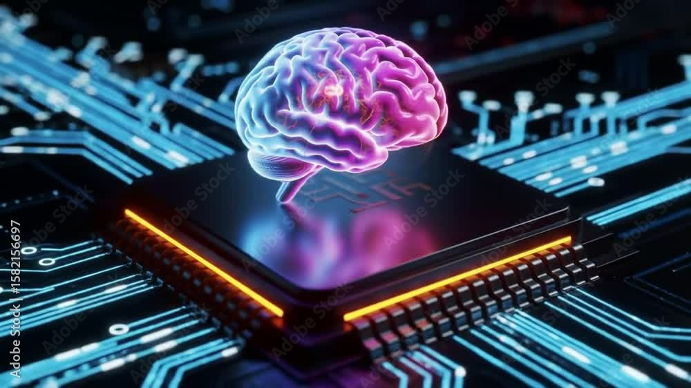 Poster artificial intelligence brain on black computer chip with glowing circuit lines