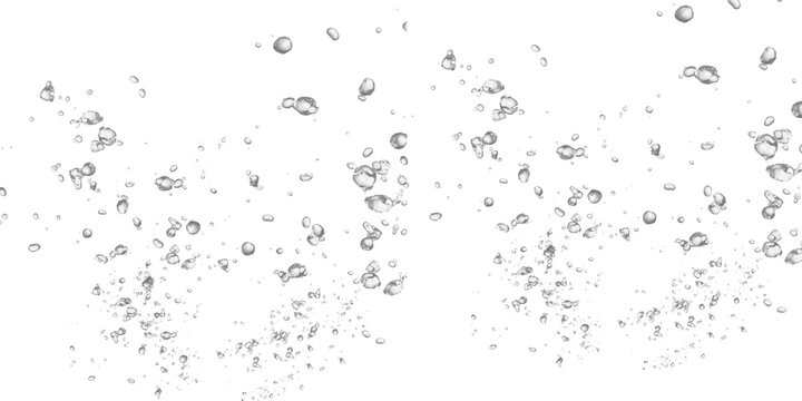 Realistic floating water bubbles effect. Dynamic air bubbles graphic elements for beverages, liquid textures, or underwater scenes. Isolated object on transparent background, PNG cutout.