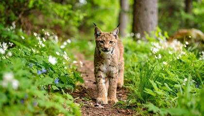 Obraz premium Lynx walks a forest path amidst wildflowers