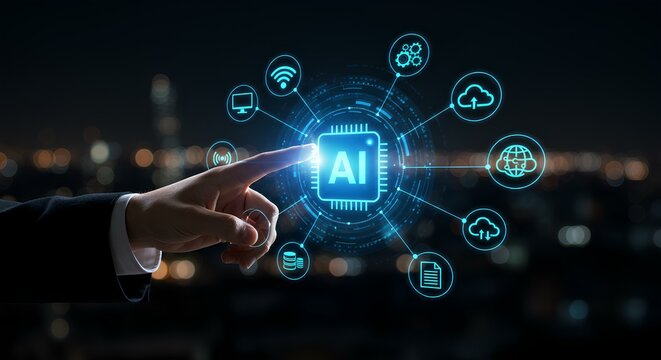 Hand touching A I chip with glowing icons representing technology and data on a dark background