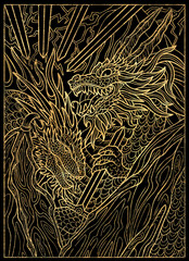 Fantasy textured illustration with fight of dragons with swords for coloring page, tattoo, print, tarot cards. Gothic, epic and vintage background with mystic symbols
