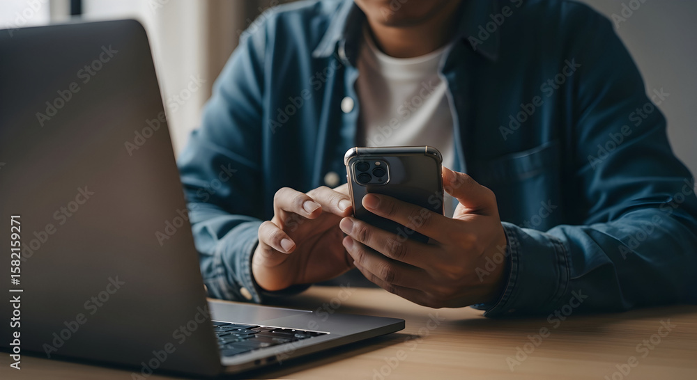 Poster a person's hands are actively using a mobile device next to a portable computer, showcasing modern d