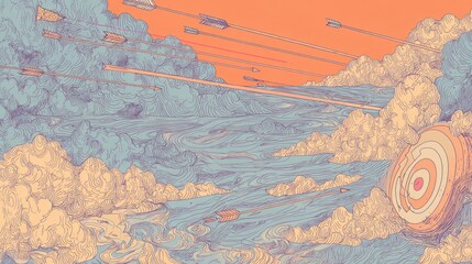 Naklejka premium Abstract landscape of clouds, arrows, and a target