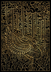 Fantasy textured conceptual illustration of depression with swords, falling angel and decorated elements for tattoo, print, tarot cards. Gothic, epic and vintage concept