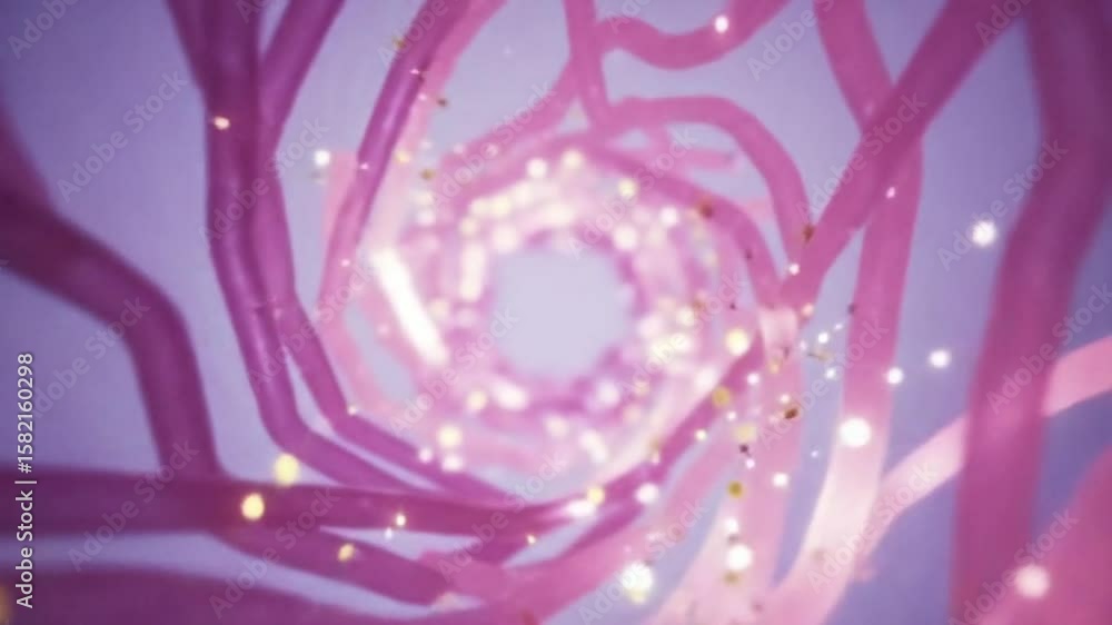 Poster dynamic abstract animation with flowing pink strands and golden particle shimmers against gradient b