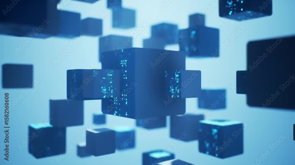 Poster floating blue gradient lit cubes with glowing particles on soft blue background abstract 3d render d