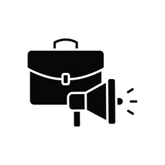 Workforce Hiring Icon. Glyph Style. Vector. Job Announcement with Briefcase and Megaphone. Labor Shortage Problem. Recruitment Message Symbol. Staff Search and Employment Alert