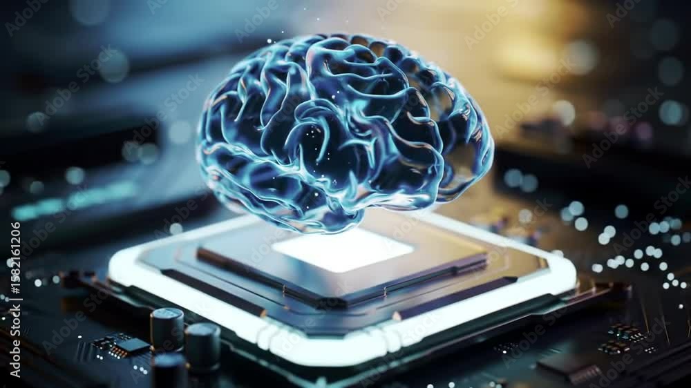 Poster glowing blue brain above a computer chip on circuit board representing artificial intelligence and m