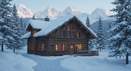 Fototapeta premium 雪山と静寂のログハウス