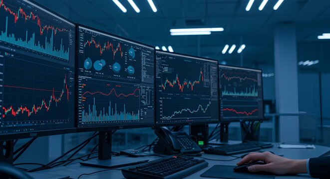 Multiple computer monitors displaying financial charts and graphs in a dimly lit office setting data