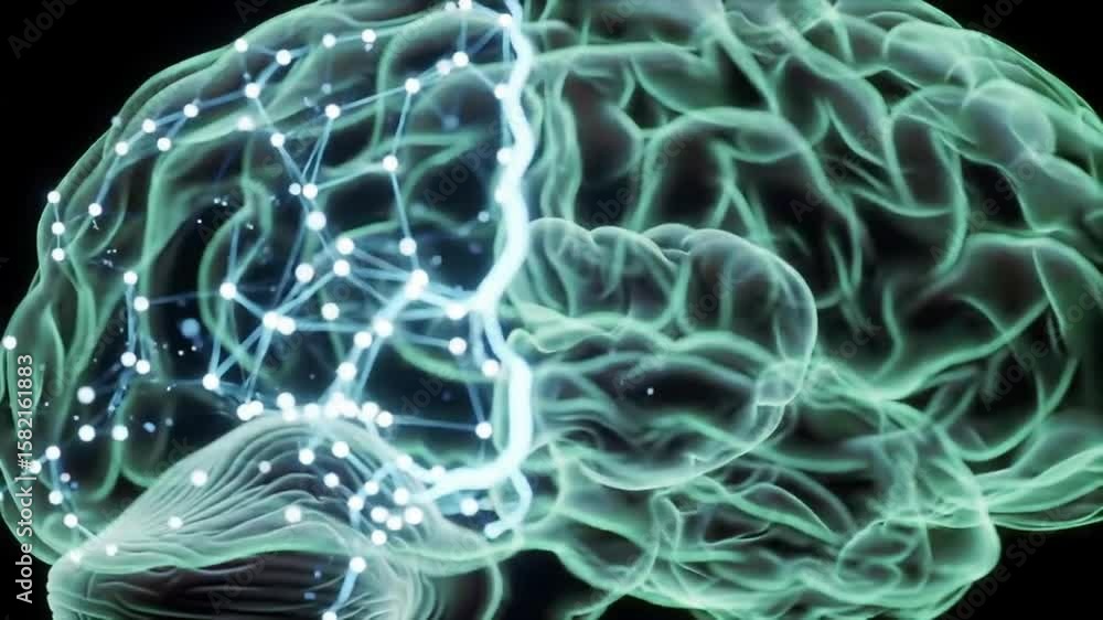 Poster green translucent brain illustration with interconnected glowing nodes on dark backdrop for neural n