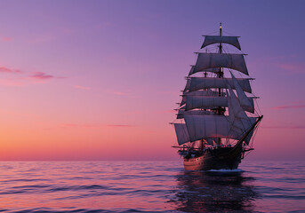 Fototapeta premium historic tall ship silhouetted against vibrant twilight sky 