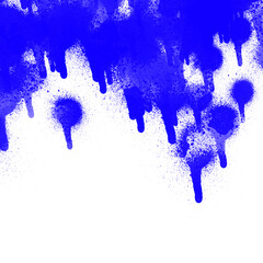 Blue spray paint drips and splatter forming a top border. Grunge artistic effect with drips and spray particles, perfect for accents. Isolated graphic element on transparent background, PNG cutout.