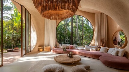 Fototapeta premium Serene living room with organic curves, earthy tones, and large circular windows overlooking lush tropical greenery