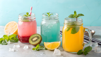 Fototapeta premium A colorful array of homemade lemonades in mason jars, showcasing refreshing flavors like lemon, kiwi, and mixed berries, garnished with mint and served with ice on a bright table