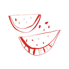 Minimal watermelon slice sketch with seeds in hand drawn doodle style on white background