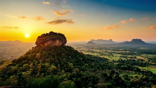 Stunning sunset view from Sigiriya rock with lush greenery in Sri Lanka, Sigiriya ancient rock in Sri Lanka Travel destination amazing sunset landscape