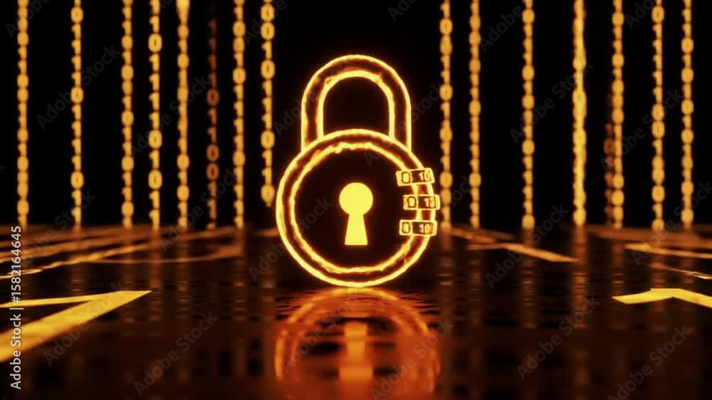 Poster orange padlock glows amid binary code revealing a cybersecurity data protection and digital security