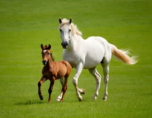 Obraz premium A mare and her little foal race across a green pasture. A beautiful background.