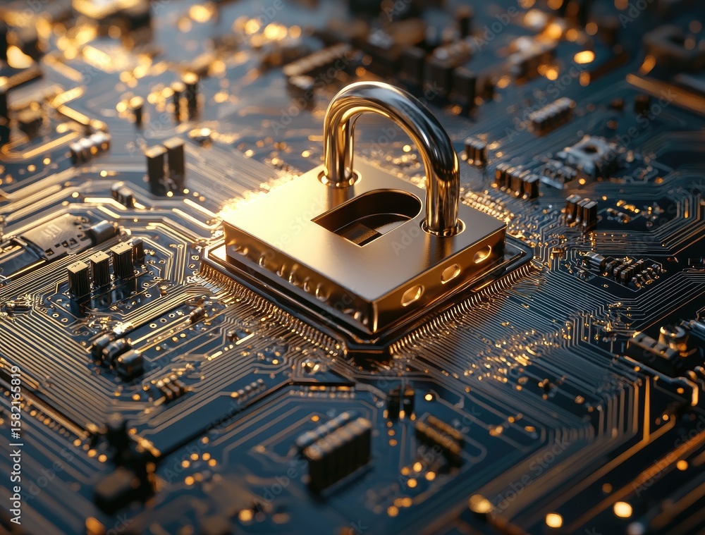 Poster a golden padlock rests atop a complex circuit board. intricate circuitry in gold and black. digital 