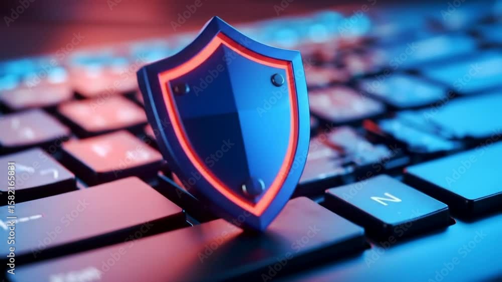 Poster shield icon on keyboard representing cyber security with blue and red lighting internet data protect