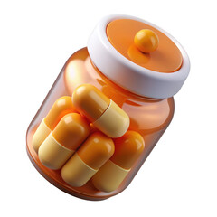 3d orange pill bottle with capsules isolated on transparent background