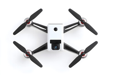 Compact black quadcopter drone with camera, isolated on white background. Perfect for tech content, aerial photography and innovation themes.