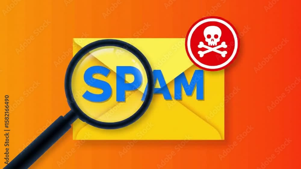 Poster spam alert concept with yellow envelope skull icon and magnifying glass on a gradient background