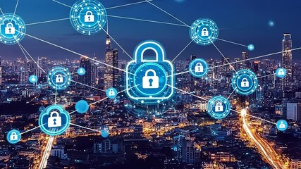 Digital security concept with interconnected padlocks over a city skyline at night, symbolizing data protection - Powered by Adobe