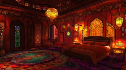 Obraz premium A richly decorated bedroom with warm lighting, intricate arches, stained glass, and vibrant rugs, evoking a luxurious Middle Eastern or Arabian Nights atmosphere