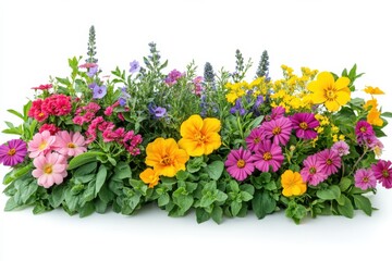 Obraz premium Blossoming colorful flowers create a cheerful garden display shot in bright in white background. Generative Ai
