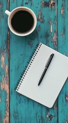 Pastel Workspace Top View of Notebook, Pen, and Coffee Cup on a Teal Wooden Desk