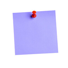 Purple sticky post-it note with red pushpin isolated on transparent background 