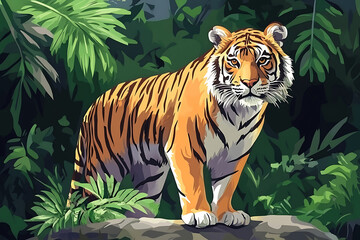 Obraz premium Majestic tiger standing on a rock amidst lush green jungle foliage, showcasing nature's beauty