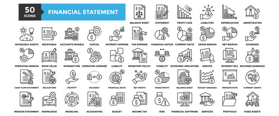 50 Financial Statement icon set. Containing design Balance Sheet, Income Statement, Profit Loss , Liabilities, Depreciation, Amortization 