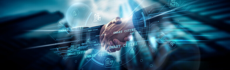 Smart Cities concept, innovation integration, businessman handshake of global network connection...